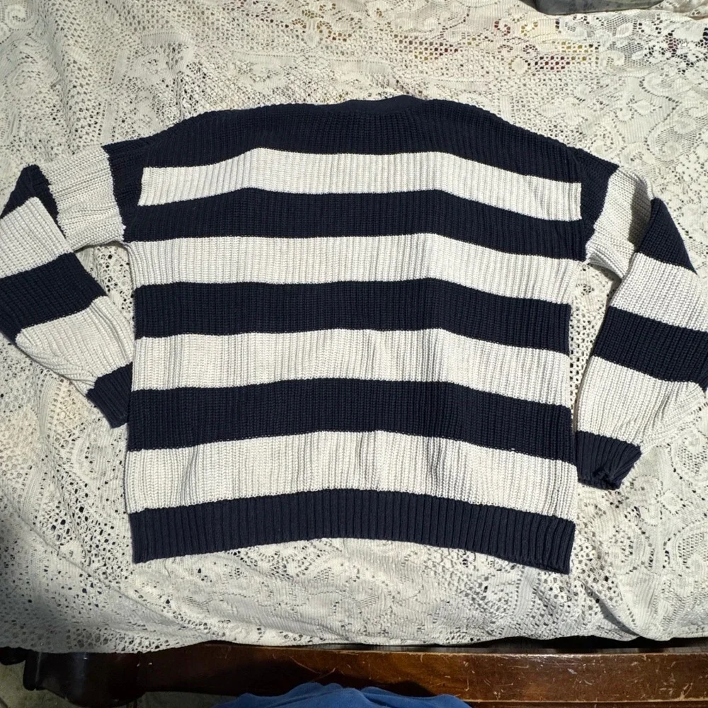 Old Navy Cardigan Sweater XL (12) Blue &‎ White Striped Knit Cotton Blend